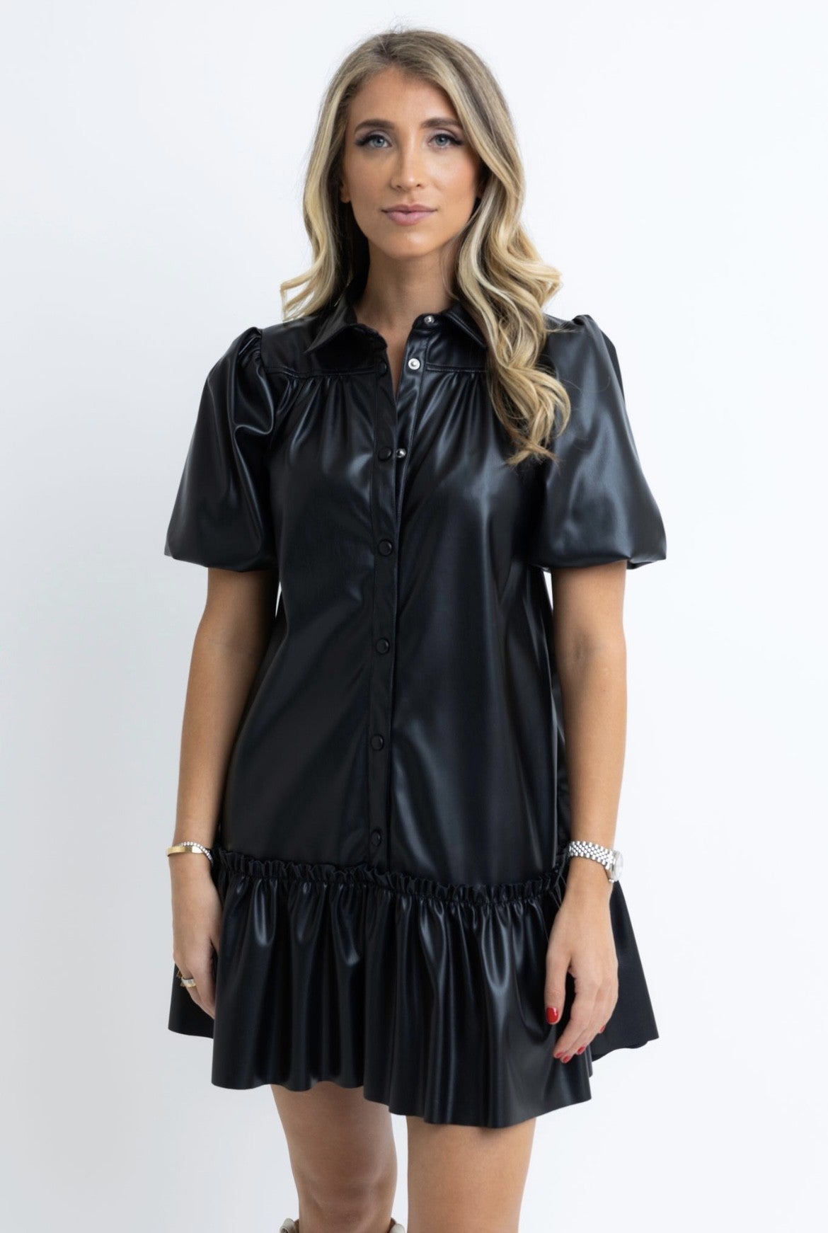 Black Pleather Ruffle Dress